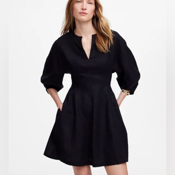 MADEWELL Black Splitneck Mini Dress in 100% Linen Size 8 - Picture 1 of 6